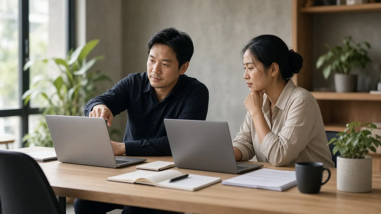 Two colleagues in a Da Nang office reviewing work on a laptop